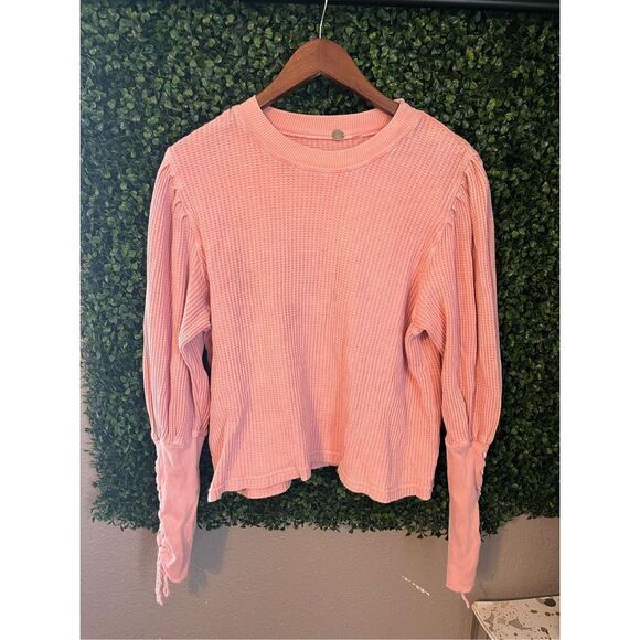 Free People Tasha Pastel Pink Waffle Knit Top Size Large - Picture 2 of 5